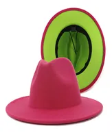 2020 New Pink and Lime Patchwork Wool Felt Fedora Hats Women Large Brim Panama Trilby Jazz Cap Derby Hat Sombrero Mujer9932691