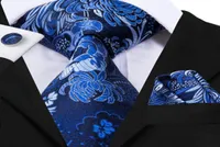 HiTie 100 Silk Blue Tie Set Business Men Flower Pattern Necktie Handkerchief Cufflinks Set Ties for Men Wedding Party Gravata N1814289
