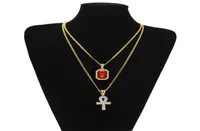 Hip Hop Jewelry Egyptian large Ankh Key pendant necklaces Sets Mini Square Ruby Sapphire with Cross Charm cuban link For mens Fash6441900