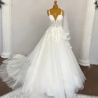 2023 Beach Wedding Dresses Bridal Gown Spaghetti Straps Lace Applique Tulle A Line Sweep Train Plus Size Custom Made Beach Garden vestido de novia
