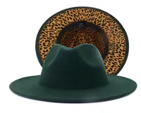Outer Turquoise Inner Leopard Patchwork Wool Felt Jazz Fedora Hats Women Men Winter Green Panama Two Tone Party Formal Hat3270342