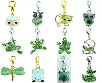 Promotion DIY Mix Fashion Green Crystal Frog Owl Dangle Floating Animal Pendant Lobster Clasp Charms For Jewelry Accessories1636995
