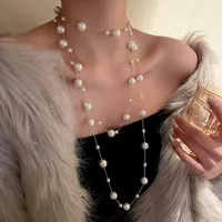 2022 2022 Autumn Winter Fashion Imitation Pearl Beaded Necklace Irregular Geometric Long Sweater Chain for Women Party Accessories
