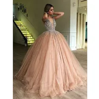 Şampanya Gece Elbise Seksi V yaka Beading Balo Balo Prom Elbise Tül İslami Dubai Kaftan Suudi Arapça Resmi Parti Gowns