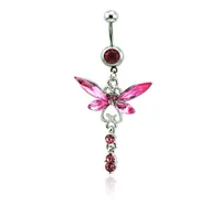 Fashion Belly Button Rings 316L Stainless Steel Barbells Dangle Pink Dragonfly Navel Rings Hypoallergenic Body Piercing Jewelry1605222