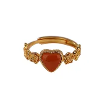925 Sterling Silver Red Agate Heart Shape Ring For Women Wholesale Price 925 Silver Jewelry Retro Gold Rose Flower Adjustable Finger Rings Gift