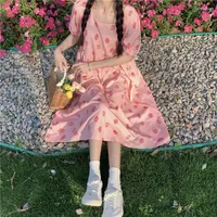 Casual Dresses Pink Sweet Strawberry Dress Women Summer Japan Style Kawaii Fairy Long Ladies Y2k Princess Korean One-piece