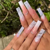 Faux ongles rose long cercueil faux ongle blanc floraison de floraison sur les pointes artificielles avec design adh￩sif fran￧ais