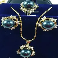 new Style Black South Sea Shell Pearl Earrings Ring Necklace Pendant Set AAA