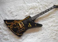 Wholesale Factory Custom flying v Black Electric Guitar with Gold Pattern Gold Hardware White Pearl Frets Inlay 0521