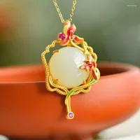 Chains Natural Hetian Jade Enamel Porcelain Flower Pendant Exquisite Chinese Style Fan Shape Elegant Necklace Wedding Ladies Jewelry