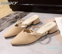 Dress Shoes Party Women Mules Slipper Pointed Toe Block Strap Closed Shallow High Heels Sandals Black Beige Square Heel 20219068069