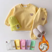 Clothing Sets Korean Kids Bear Embroidery Fleece Pullover Set 1-5yrs Sweatshirt TopsHarem Jogger Pants Suits 2pcs Girls Lined Clothes 221203