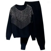 Women's Tracksuits 2022 Winter Bead Tassel Sweater Set Women Long Sleeve Knitted Pullover Tops Trousers Tracksuit Fashion Two Piece