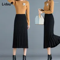 Skirts Office Lady Stereoscopic Printing Black Knitting Cotton Slim Mid-calf Hip Wrapped Skirt High Strecth Pleated Women's Clothing