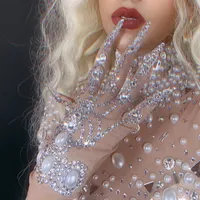 Fingerless Gloves Luxurious Crystals Pearls Gloves Women Sparkly Crystal short Gloves Dancer Singer Nightclub Stage Performance Show Accessories 221203