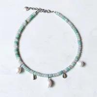 Choker Natural Stone Beads Gradient Color Amazonite Short Necklace Creative Design Freshwater Pearl Silver-color Drop Pendant Collar
