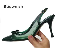 Green Snakeskin Butterfly Knot Sandals Women Pointed Toe Mesh Strange High Heel Shoes Woman Sexy Party Shoes5100266