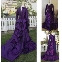 Purple Gothic Prom Dresses Bustle Victorian V-Neck Long Sleeves Satin Masquerade Ball Gown Walking Evening Dress Women Special Occasion Wear 2023