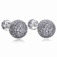 Real 925 Sterling Silver Natural Crystal ball Earrings fit Pandora style Silver Jewelry for Women Diamond disco Beads Stud Earring334R