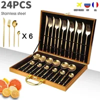 Dinnerware Sets 24PCS Cutlery Stainless Knife Fork Spoon Flatware Tableware Gold Gift Box Portable Dishwasher Kitchenware 221205