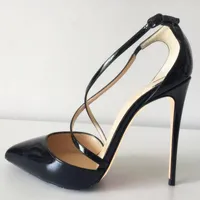 Dress Shoes Fashion Women Pumps Black Patent Leather Strappy Criss-Cross Pointy Toe High Heels 12cm 10cm 8cm Party