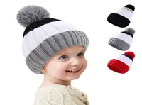 Baby Knit Pompom Beanie Hats Winter Knitted Contrast Color Stripe Hat Kids Warm Crochet Caps Outdoor Cap7080675