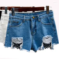 Women's Jeans Female Summer Grid Net Stitching Denim Shorts Holes Corners Of The Big Yards Wide Leg