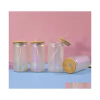 Mugs Sublimation 12Oz 16Oz Iridescent Color Glass Mug Tumbler Can Shimmering Glasses With Bamboo Lid Reusable St Holographic Beer Ju Dhmvk
