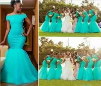 Aqua Teal Turquoise Mermaid Bridesmaid Dresses Off Off Off Long Ruched Tulle Africa Style Nigerian Bridesmaid Dress BM01802289035