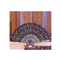 Party Favor Chinese Classical Dance Folding Fan Party Favor Elegant Colorf Embroidered Flower Peacock Pattern Sequins Female Plastic Dhffl