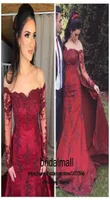 robes de soiree Burgundy Appliques Lace Evening Dresses Overskirt Long Sleeves Beaded Mermaid Prom Dress Arabic Long Formal party 8214855