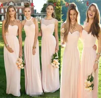 Pink Navy Long Bridesmaid Dress 2022 Blandad halsringning Fl￶deschiffong Summer Blush Bridesmaid Formella promfestkl￤nningar med ruffles HY2007220