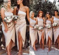 2023 Champagne Bridesmaid Dresses One Shoulder Satin Ankle Length Front Slit Beach Plus Size Wedding Guest Gowns Custom Made Formal Evening Wear