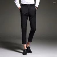 Men's Suits Summer Ankle Length Suit Pants Men's Casual Button Mid Waist Pencil Fashion Pocket Solid Color Slim-Fit