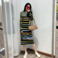 Casual Dresses 2022 Autumn And Winter Color Striped Slim Knit Dress Women Retro Hit Sheep Hair Long Sleeve Midi