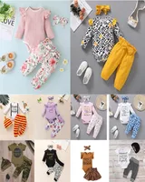 65 styles Baby Girls Boy 3 Piece sets Flowers Print Romper Pant headband Infant kids Clothing set8494575