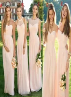 Pink Navy Long Bridesmaid Dress 2022 Blandad halsringning Fl￶deschiffong Summer Blush Bridesmaid Formella promfestkl￤nningar med ruffles HY2482913
