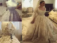 Luxury Lace Ball Gown Wedding Dresses Scoop Neck 3D Floral Appliques Beads Rhinestone Suadi Arabic Beach Wedding Dress Sweep Train2278731