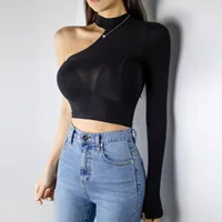 Women's T Shirts 2022 Brand Stylish Women T-shirt Halter Neck One Sleeve Sexy Crop Top Short Solid Color Punk Clothes Camisas