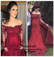 robes de soiree Burgundy Appliques Lace Evening Dresses Overskirt Long Sleeves Beaded Mermaid Prom Dress Arabic Long Formal party 6453799