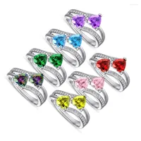 Cluster Rings Luxury 925 Sterling Silver Double Heart Rainbow CZ Ring For Women 2022 Trendy Wedding Band 5A Zircon Jewelry