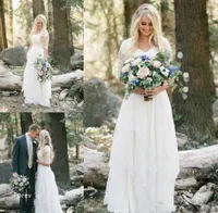 2018 Cheap Western Country Bohemian Forest Wedding Dress Lace Chiffon V Neck Boho Garden Country Bridal Gown with sleeves Plus Siz4747873