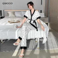 홈 의류 QSROCIO 여성 잠옷 세트 V 넥 패션 서클 인쇄 인쇄 자면증 실크 나이트 티 레저 홈 의류 나이트웨어 파자마 팜므 1205