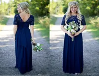 Country Bridesmaid Dresses Long For Weddings Navy Blue Chiffon Short Sleeves Illusion Lace Beads Floor Length Maid Honor Gowns7387815
