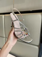 2023 Women's sandal take on the Interlocking with sparkling crystals Silver metallic leather Ankle strap closure High heel shoes Size 35-41