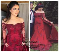 robes de soiree Burgundy Appliques Lace Evening Dresses Overskirt Long Sleeves Beaded Mermaid Prom Dress Arabic Long Formal party 2911163