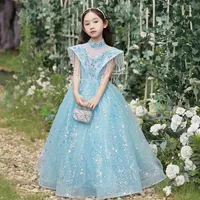 2023 Lace Flower Girl Jurk Bows Pink Princess Communion Dresses Pageant Formele Tule Ball Jurk Wedding Lades Party Jurken