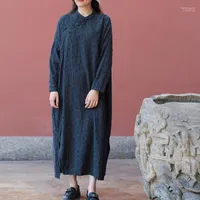 Casual Dresses Johnature Women Vintage Cotton Linen Stand Long Sleeve Button Loose Robes 2022 Autumn Original Female Chinese Dress