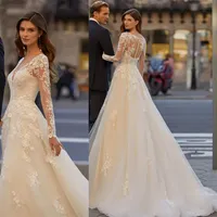 Elegant A Line V Neck Wedding Dress For Women Long Sleeves Bridal Gowns Appliques Button Back Vestido De Novia